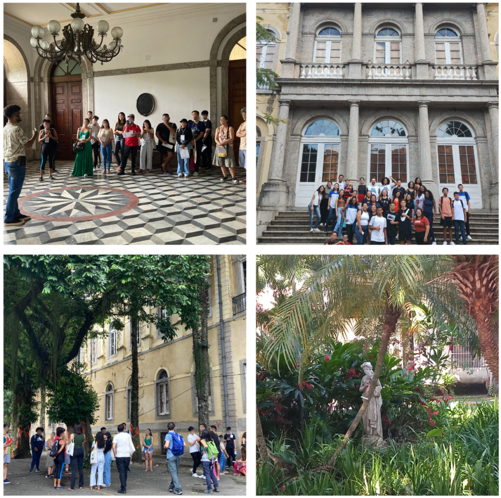 Mosaico composto de quatro fotografias, todas de visitas ao roteiro científico "caminhos da loucura". Na parte superior, há um grupo de visitantes dentro do palácio universitário, em círculo sobre um piso de mármore quadriculado. Na segunda fotografia, alunos de ensino médio posam na frente da fachada do edifício histórico do palácio universitário na Praia Vermelha. Na parte inferior, do lado esquerdo, a primeira foto é composta de dos visitantes em círculo, próximos a uma árvore, ao lado de um prédio histórico na cor amarela. A fotografia ao lado, última do mosaico, é de um jardim, com folhas verdes e uma estátua de uma mulher ao centro, na cor cinza, e logo a frente da estátua, um coqueiro pequeno. Fim da audiodescrição.