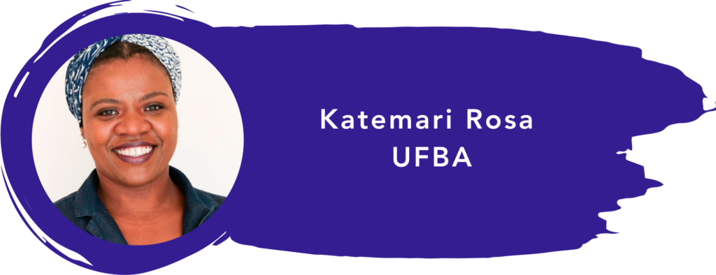 Fotografia de Katemari Rosa, num fundo circular estilizado em roxo e com seu nome escrito ao lado, em letras brancas num fundo também roxo.
