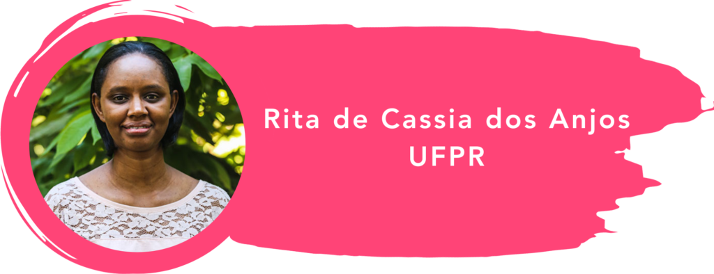 Fotografia de Rita de Cássia dos Anjos, num fundo circular estilizado na cor rosa e com seu nome escrito ao lado, em letras brancas num fundo também em rosa.