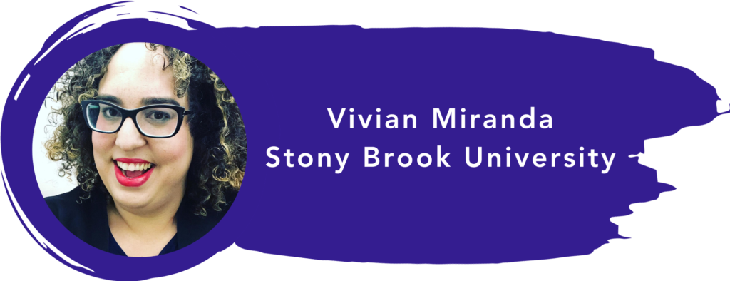 Fotografia de Vivian Miranda, num fundo circular estilizado na cor roxa e com seu nome escrito ao lado, em letras brancas num fundo também em roxo.