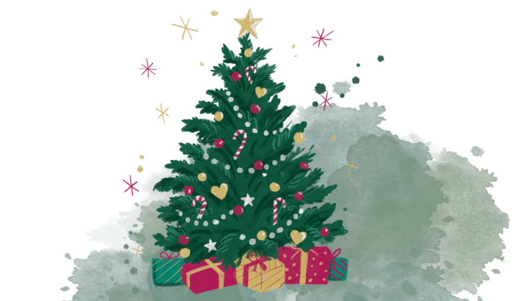 Ilustração de uma árvore de natal com galhos verdes, uma estrela amarela no topo, bolinhas, bengalas e corações coloridos como enfeites e com presentes coloridos em sua base. Fim da audiodescrição.