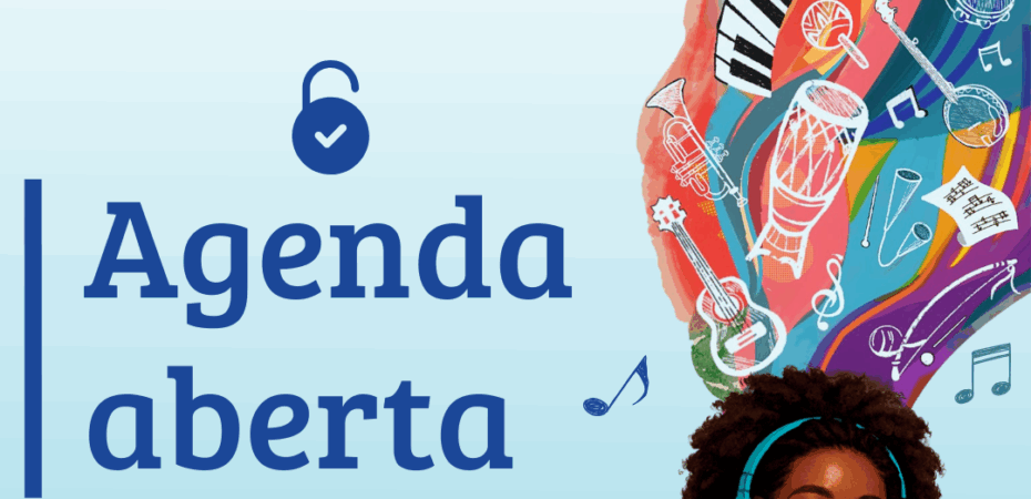 Card de divulgação da abertura do agendamento de grupos e turmas da nossa nova exposição Sinfonia da Criatividade. Em um fundo "degradê" na cor azul com notas musicais coloridas há ,na parte de cima, uma faixa azul com o nome da exposição na cor branca. Acima, em letra pequenas, está o texto "Inova UFRJ e Casa da Ciência apresentam". Abaixo, do lado esquerdo há o texto na cor azul "agenda aberta" e um desenho de um cadeado aberto da mesma cor acima do texto. Na parte inferior direita há uma menina negra com um fone de ouvido na cor azul. Acima da sua cabeça, em um fundo colorido, há instrumentos musicais variados. Fim da áudio descrição.