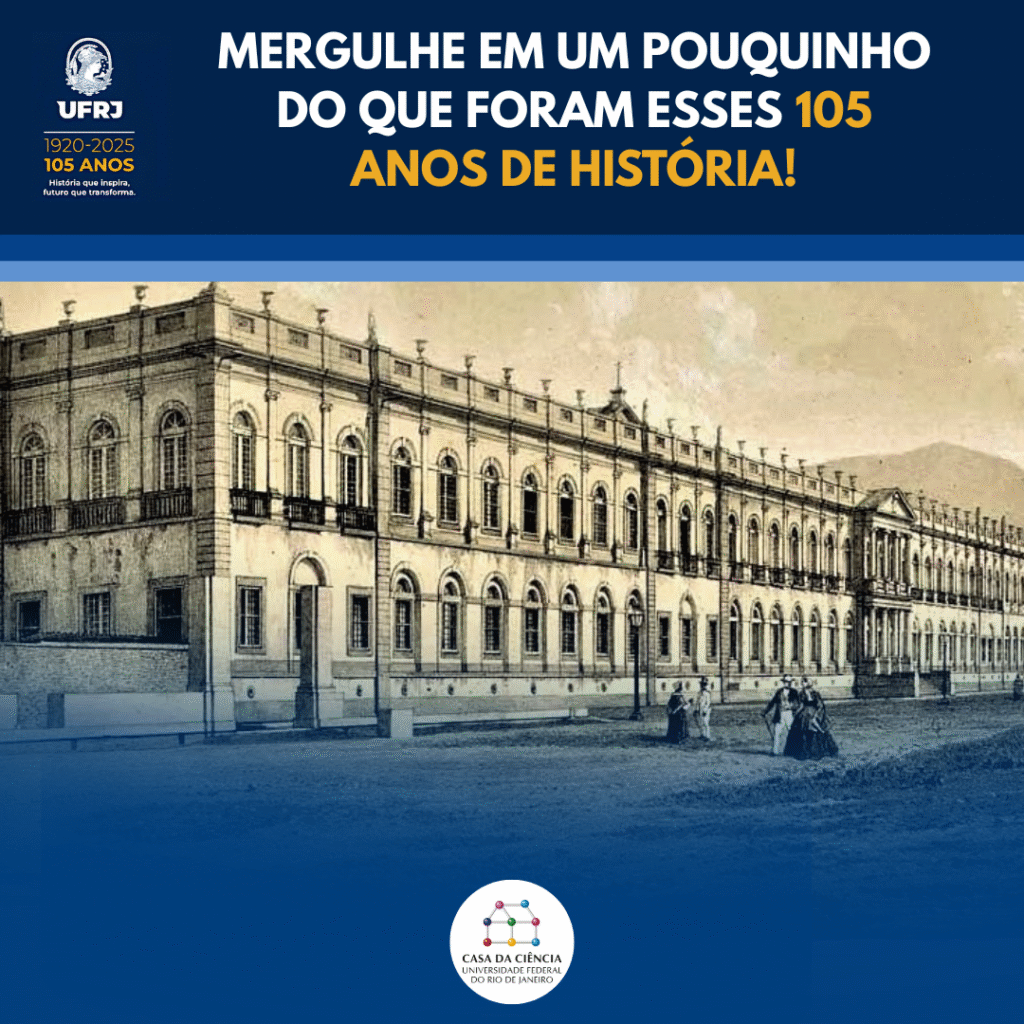 Card comemorativo dos 105 anos da UFRJ. Na parte superior, sobre fundo azul escuro, está escrito: “Mergulhe em um pouquinho do que foram esses 105 anos de história!”.
À esquerda aparece o logotipo da UFRJ e o selo “1920–2025 | 105 anos – História que inspira, futuro que transforma”.
Abaixo, ocupa grande parte da imagem uma ilustração antiga em tom sépia da fachada do histórico prédio da universidade, com pessoas caminhando em frente.
Na parte inferior central, sobre fundo azul, está o logotipo da Casa da Ciência da UFRJ. Fim da audiodescrição